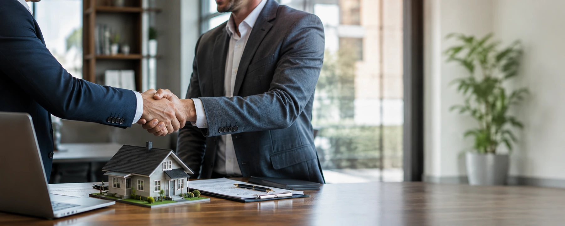 Two brokers shaking hands at a desk with a model home and signed documents