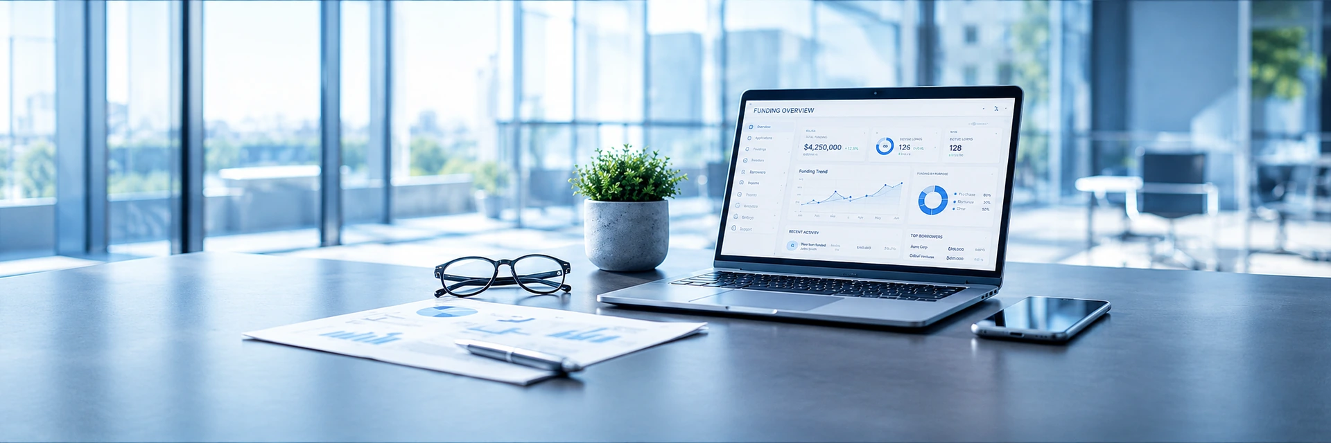 Executive desk with a funding overview dashboard