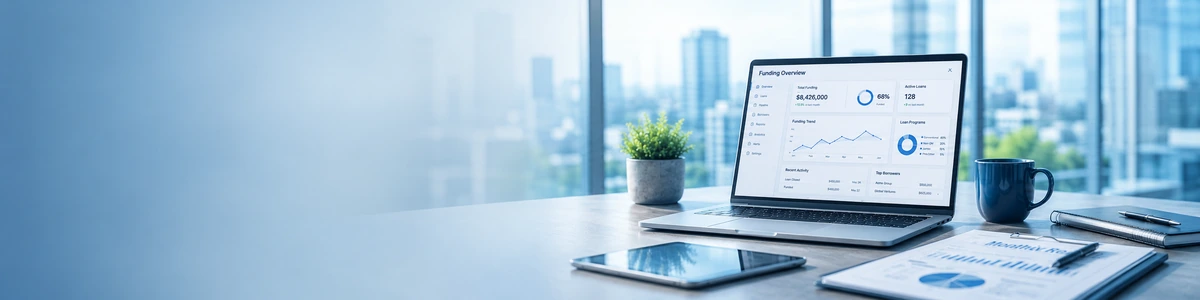 Modern office desk with mortgage analytics dashboards